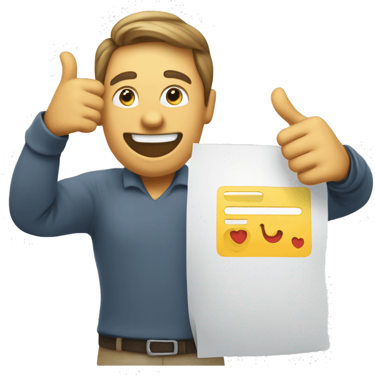 "A person holding a feedback form with a happy face emoji and a thumbs-up gesture, representing positive feedback." emoji