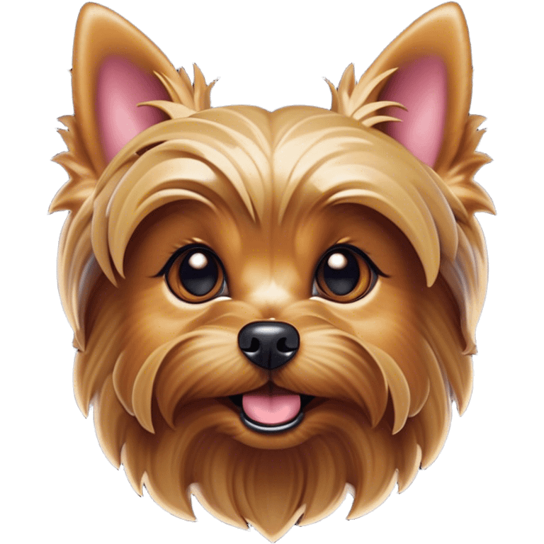 Cinematic Comical Yorkshire Terrier Portrait Emoji, Head tilted dramatically with an exaggeratedly surprised, comical expression and wide, expressive eyes, featuring a perky, well-groomed fur in rich hues, simplified yet hilariously detailed, glowing with a bold, sassy radiance, high shine, exuding playful mischief and cheeky terrier attitude, styled with a soft glowing outline, capturing the essence of a Yorkshire Terrier that appears ready to comically dash out of the frame! emoji