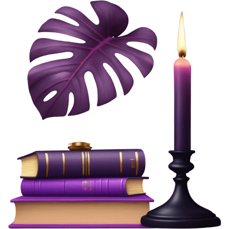 An elegant still life featuring a stack of light and dark violet books, a pink monstera plant, and a brass candle holder. emoji