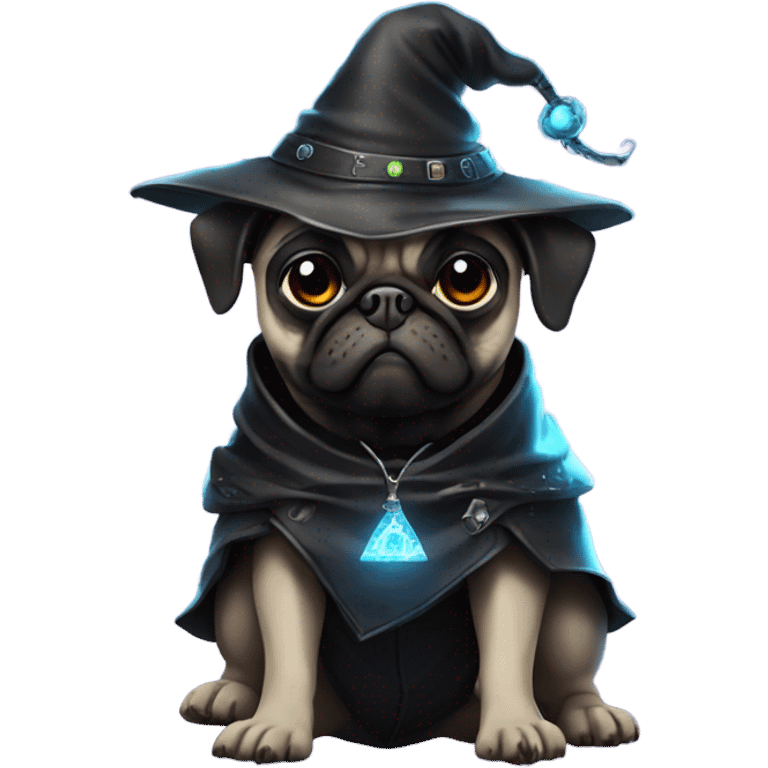 cyberpunk pug wearing a black wizard's hat emoji