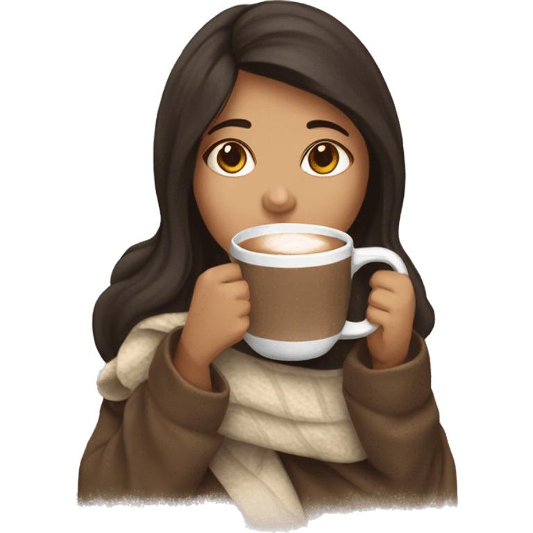 a brunette girl drinking hot chocolate with a blanket over her emoji