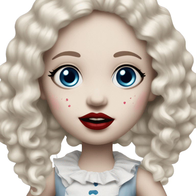 A old creepy porcelain doll with a cracked face￼ blue eye shadow and pink blush and red lipstick emoji