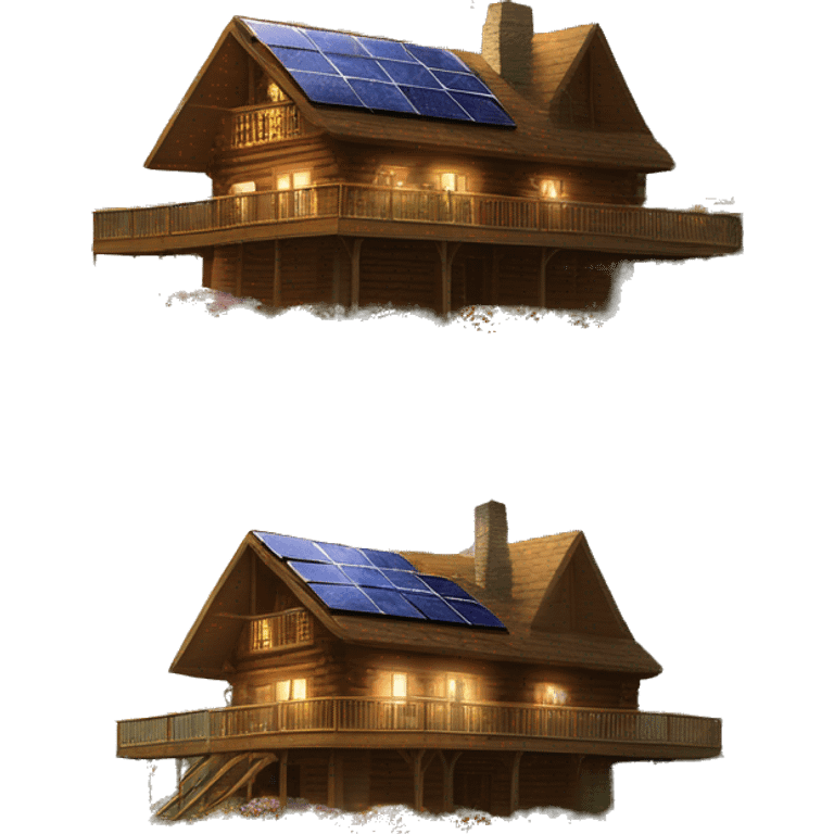 Skywalker Cabin is a clean Very big Wood Cabin near tree on the mountain in the background. The cabin is 5 stories tall with extensive solar arrays on top. The cabin sits on thick grass fields. porch lights on ,guests on porch smoking ,flowers and bushes  emoji