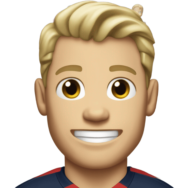 Skinny Caucasian male blonde combed over hair smiling wearing a Houston Texans polo emoji