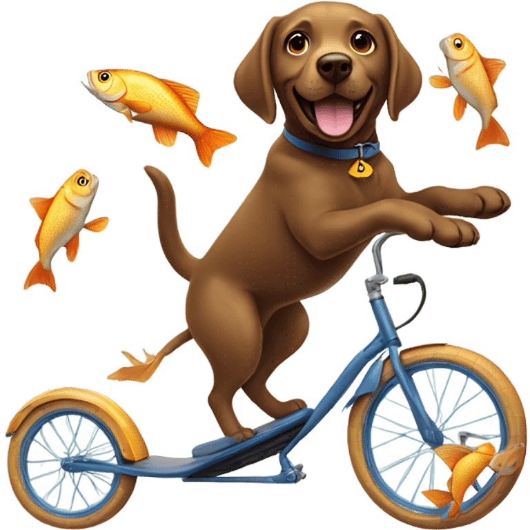 A brown Labrador riding a unicycle whilst juggling fish emoji