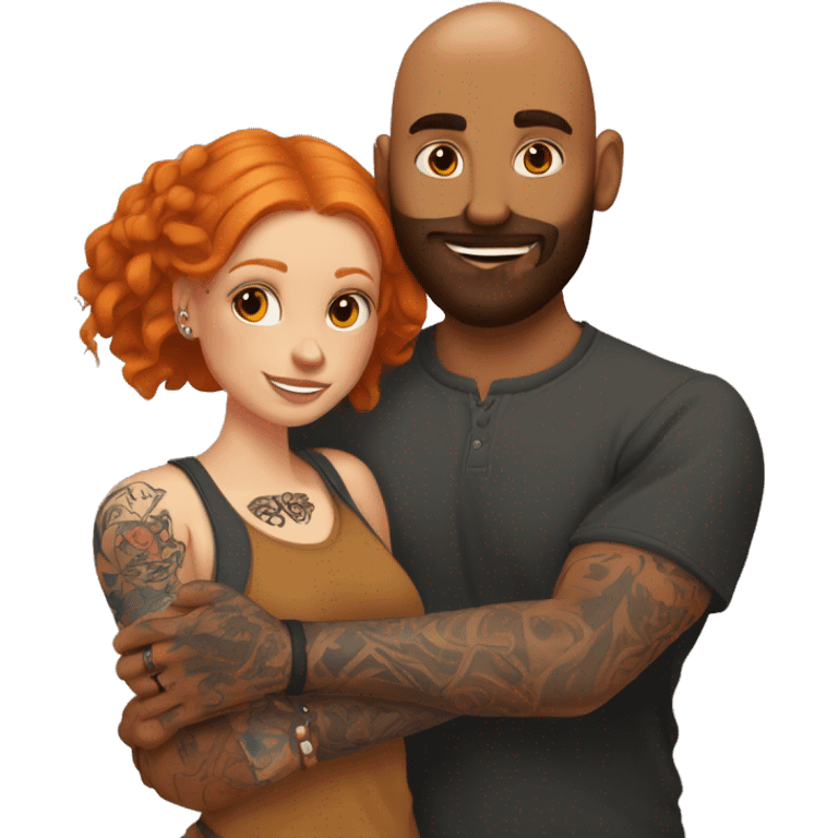 Indian Beard guy with bald head and tattoos on left hand hugging a ginger hair Croatian girl with septum ring and tattoos on right hand  emoji