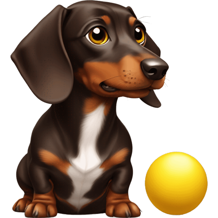 A chocolate-colored dachshund with a yellow ball emoji