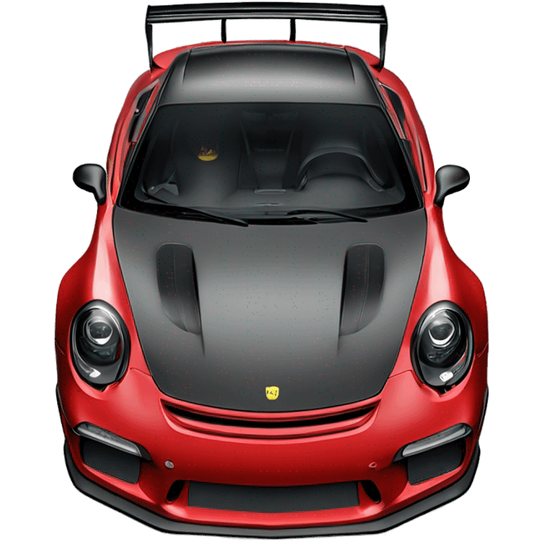 GT3RS in Royale red with a black hood, blue spoilers, black text, black rims, and yellow headlights, emoji