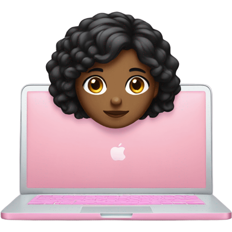 Brown skin girl with black hair sitting at pink MacBook  emoji