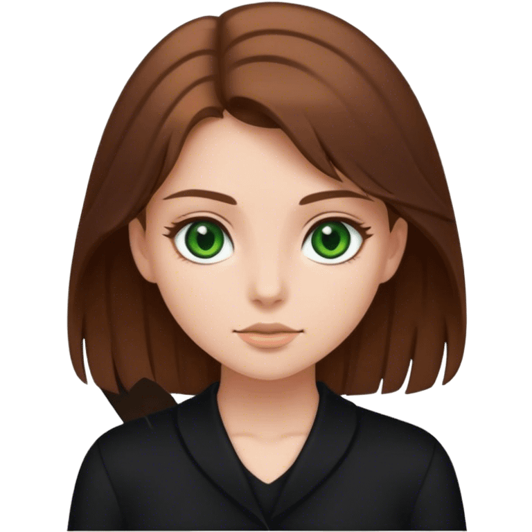 Brown hair girl in black clothes dark green eyes emoji