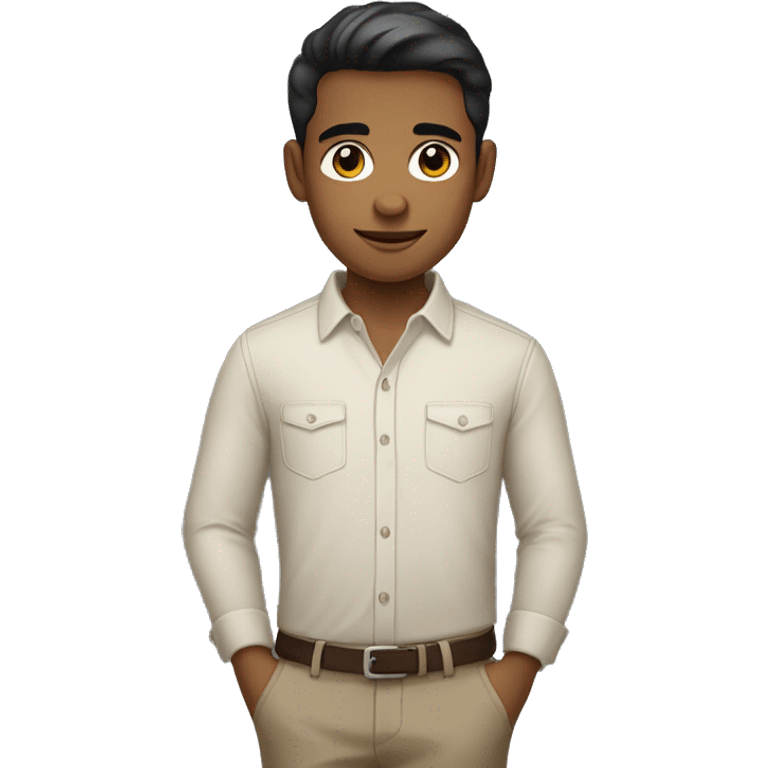 Young man with medium skin tone, neutral expression, short dark hair, wearing a light-colored button-up shirt with small dots. emoji