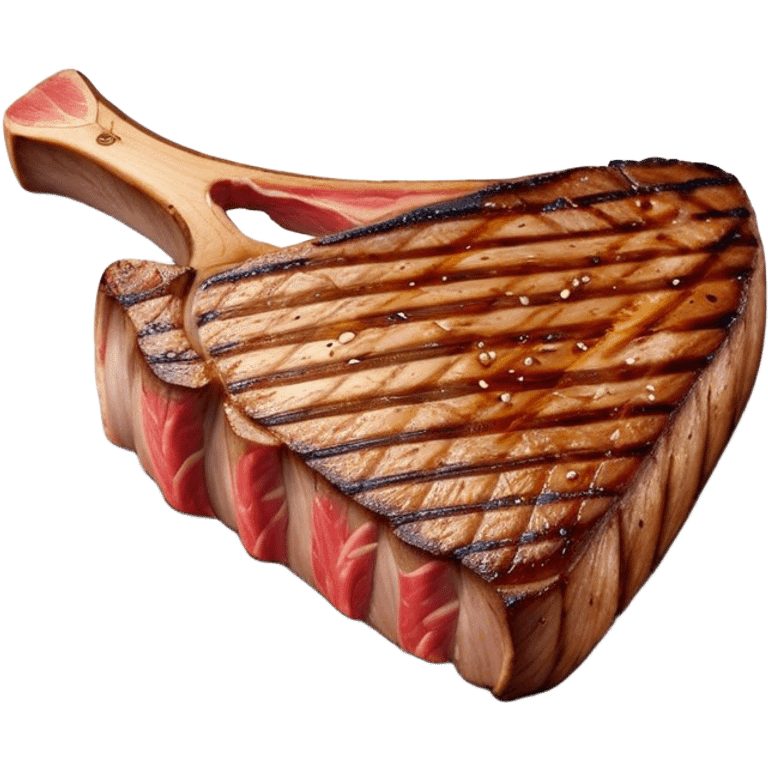 Cinematic thick-cut t-bone steak, perfectly seared with grill marks, a grilled center, rich and savory, warm glow, sizzling and mouthwatering, highly detailed and appetizing. emoji