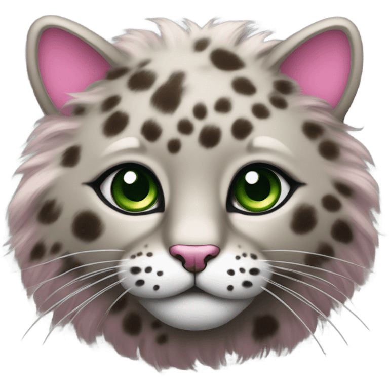 Fluffy leopard brown and grey cat with pink chocker and green eyes emoji