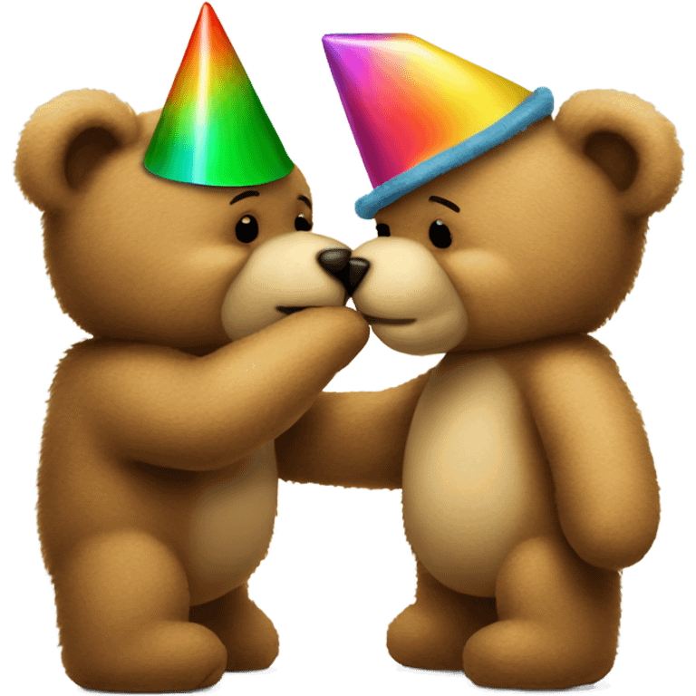 teddy bear kissing another teddy bear wearing party hats emoji