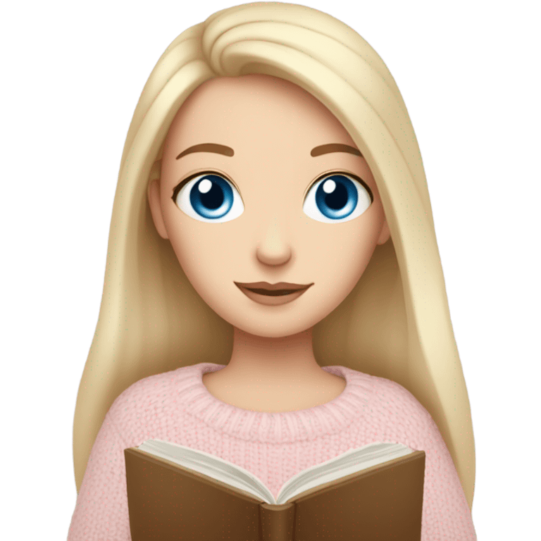 Pretty blue eyed white girl with light pink sweater reading cozy emoji