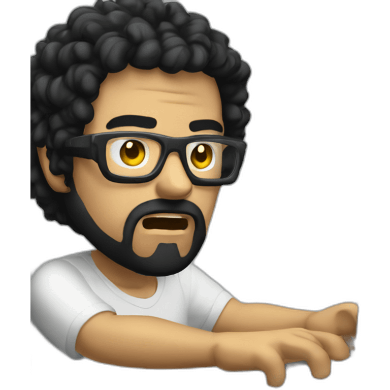 angry men with black curly hair and beard with golden glasses working on computer emoji