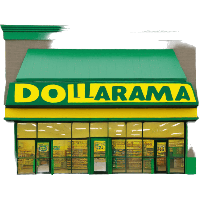 “Exterior of a Dollarama store with the bright green facade, bold yellow Dollarama sign, large front windows, and entrance doors, capturing the look of a budget-friendly retail store.” emoji