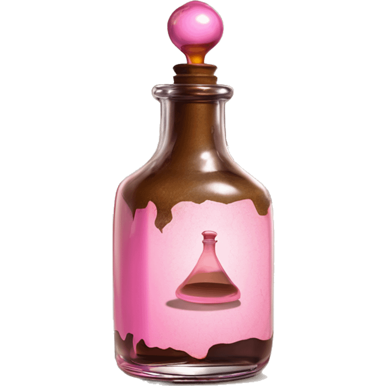 Mysterious Alchemical vintage glass potion bottle, exquisite bottle shape, old and shabby, with label, stylish and minimalistic, brown and pink, oil potion is poured out of the bottle, oil is spilled next to it emoji