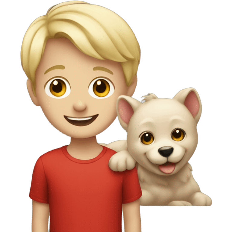 blonde boy smiling in red with a cute animal emoji