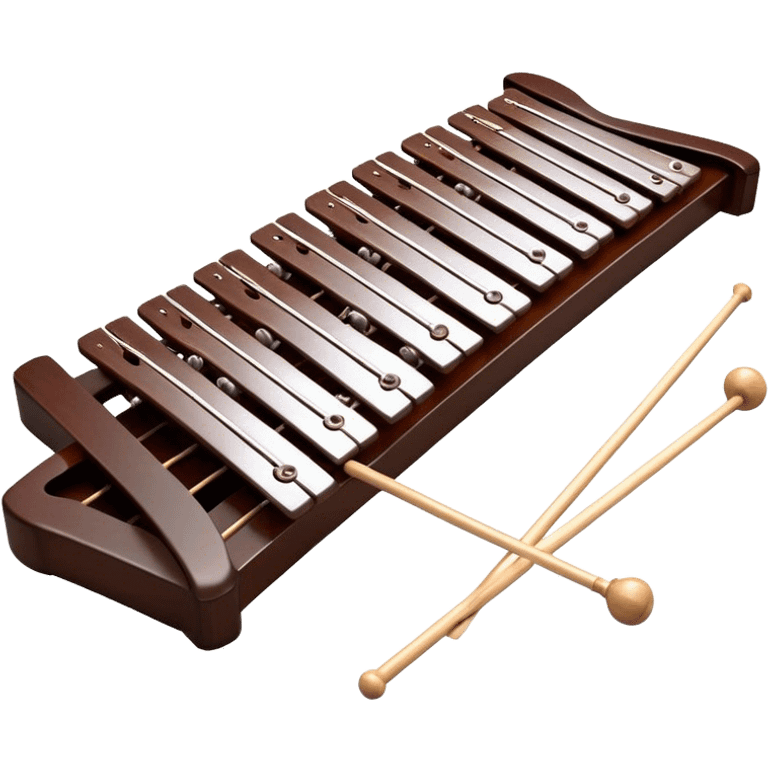 Create a detailed and professional emoji representing a Fleet FLT-SX37 orchestral long wooden xylophone. The design should showcase the large, wooden bars of the xylophone arranged in a traditional layout, with a polished, smooth finish. The bars should be dark brown or mahogany, with soft metallic reflections on the resonators underneath. Include two mallets with rubber or wooden heads resting on the bars, emphasizing their role in striking the notes. The xylophone should have a sophisticated and professional appearance, with clean lines and a polished look. Add subtle musical notes or sound waves to represent the vibrant sound produced by the instrument. The background should be transparent. emoji