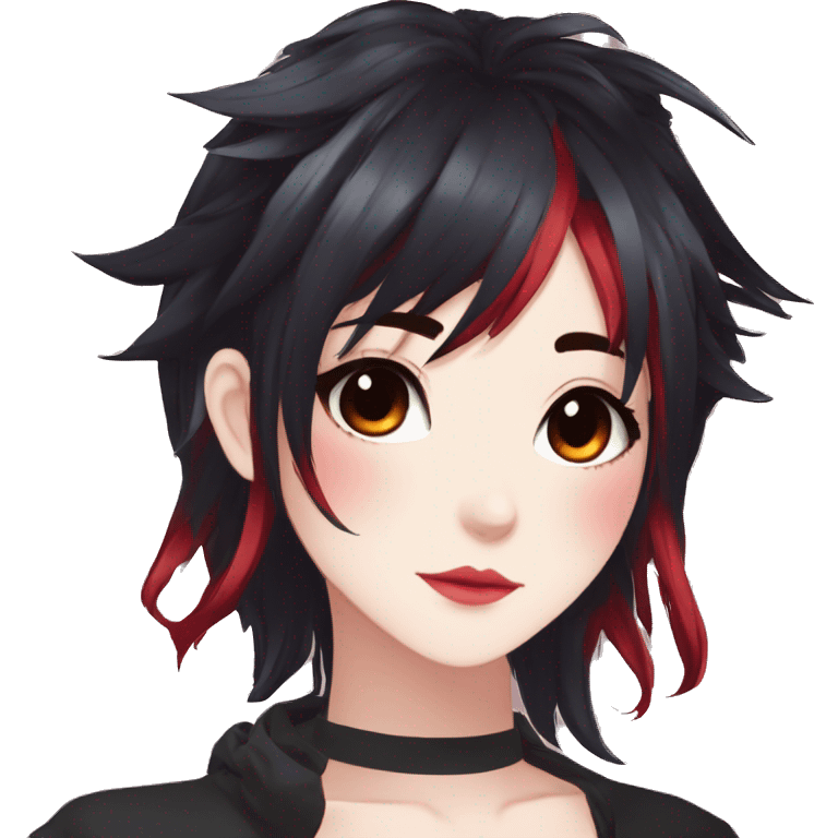 Gorgeous anime style lady with blushing face aesthetic and pretty edgy black red punk hair with hair garment trending style emoji