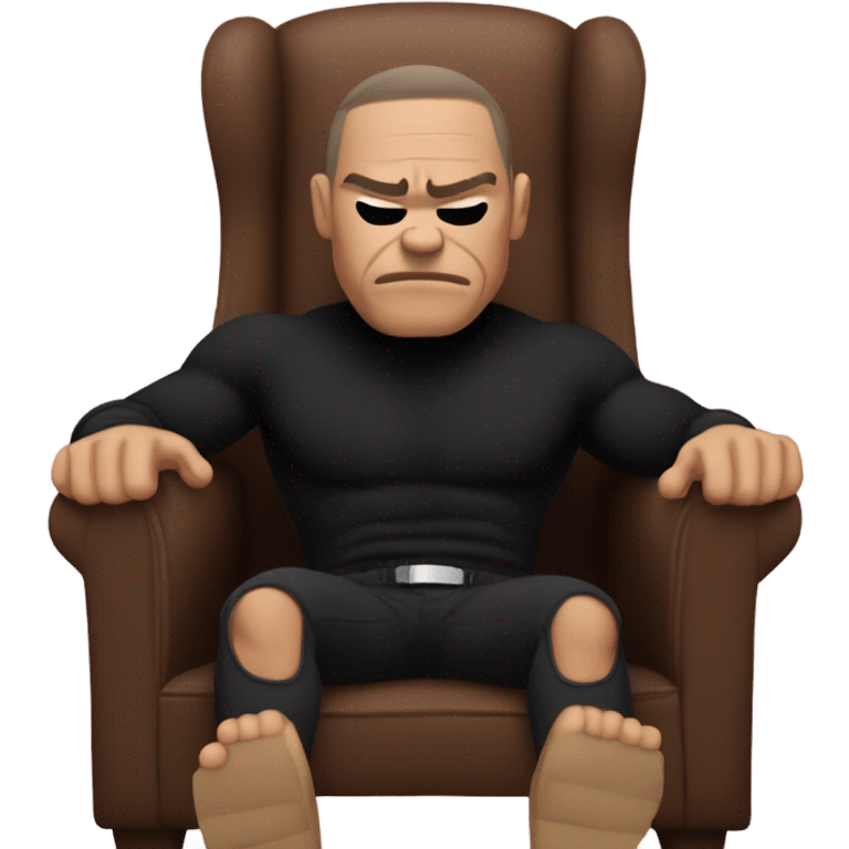 muscle man in black turtleneck shirt and black pants sitting in chair with head down emoji