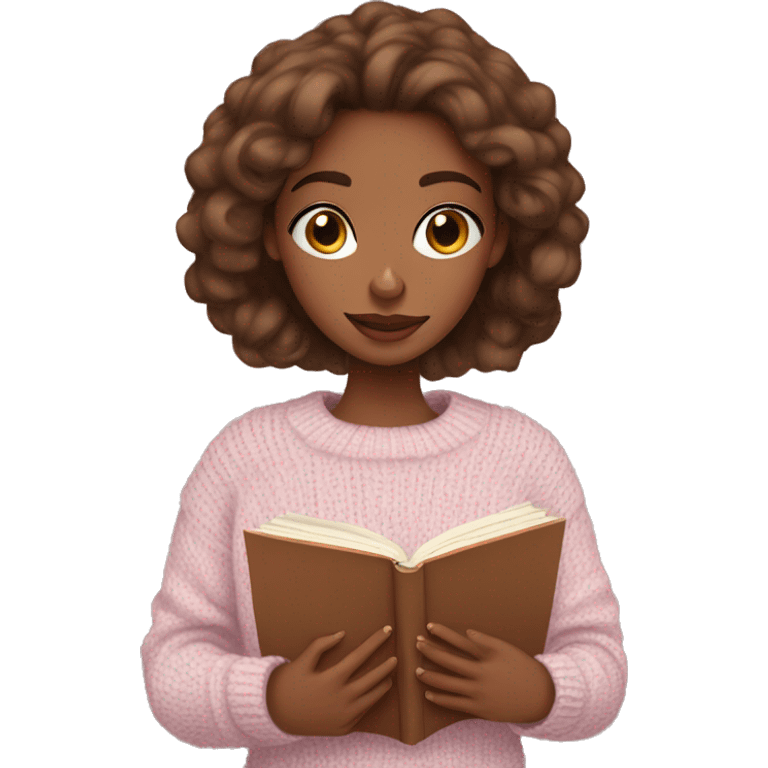 Pretty blue eyed brown girl with light pink sweater reading cozy emoji