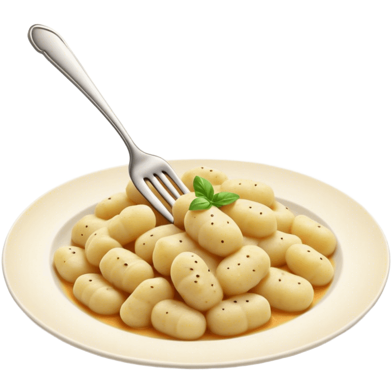 Gnocchi Cinematic Realistic Gnocchi Dish Emoji, depicted as tender oblong potato gnocchi garnished with iconic fork marks on top, rendered with soft textures and warm, inviting lighting. emoji