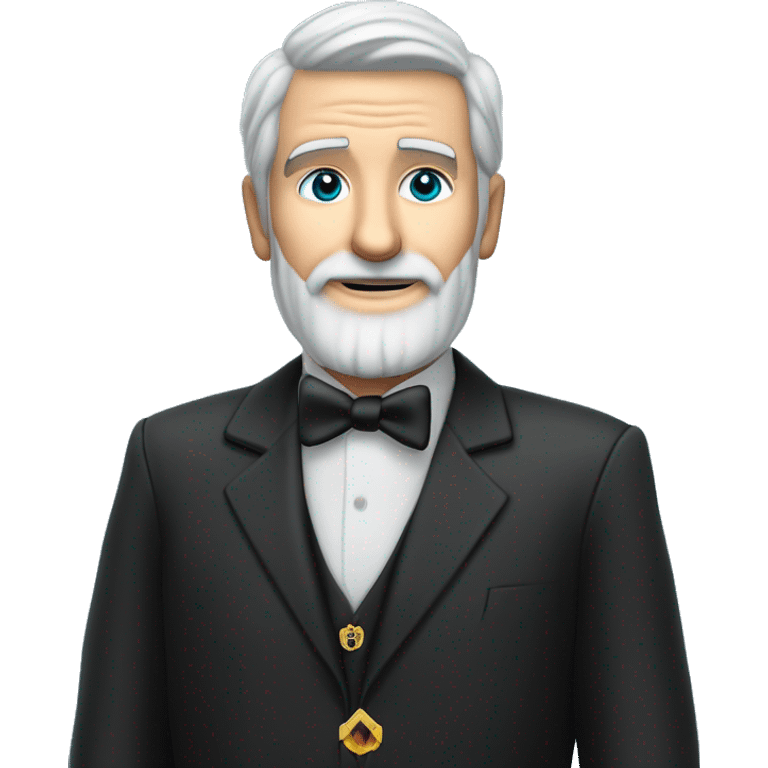 60 year old Caucasian male with grey hair and a grey gotee beard wearing a black dinner suit that has a badge on the left side of the jacket with a Freemason square and compass on it. Make the background a sky blue. emoji