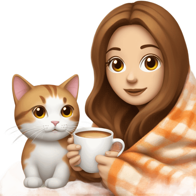 White girl brown hair sipping coffee with orange and white cat in blanket  emoji