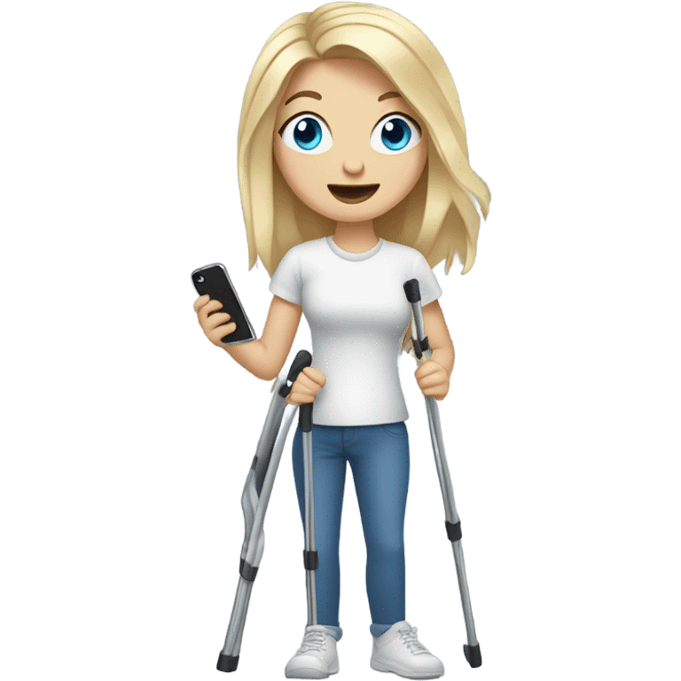 Goofy white girl blonde hair and blue eyes on crutches with an iPhone emoji