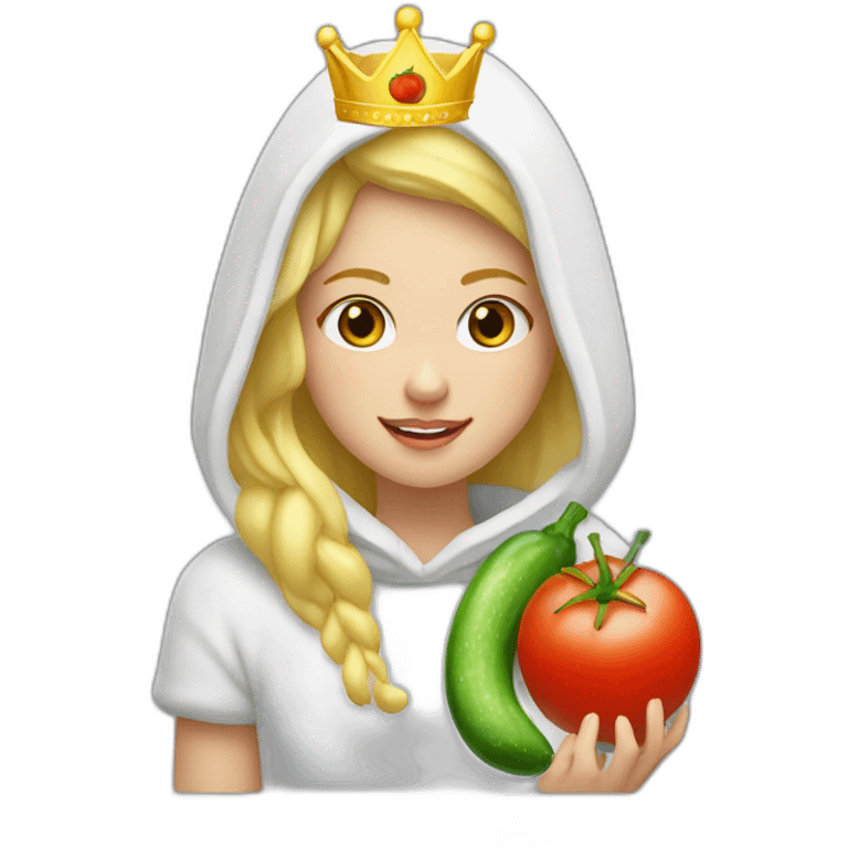 blonde girl  eating  cucumber and tomatoes with white hoodie iridescent and a crown princess emoji