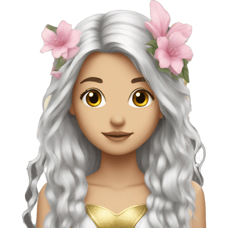 Beautiful, flower, fairy, pink, silver, gold, long hair, wings emoji