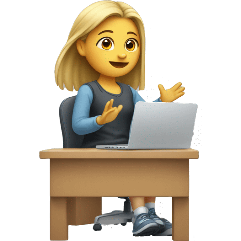 Girl sitting in front of the apple computer and raising only right hand above the head emoji