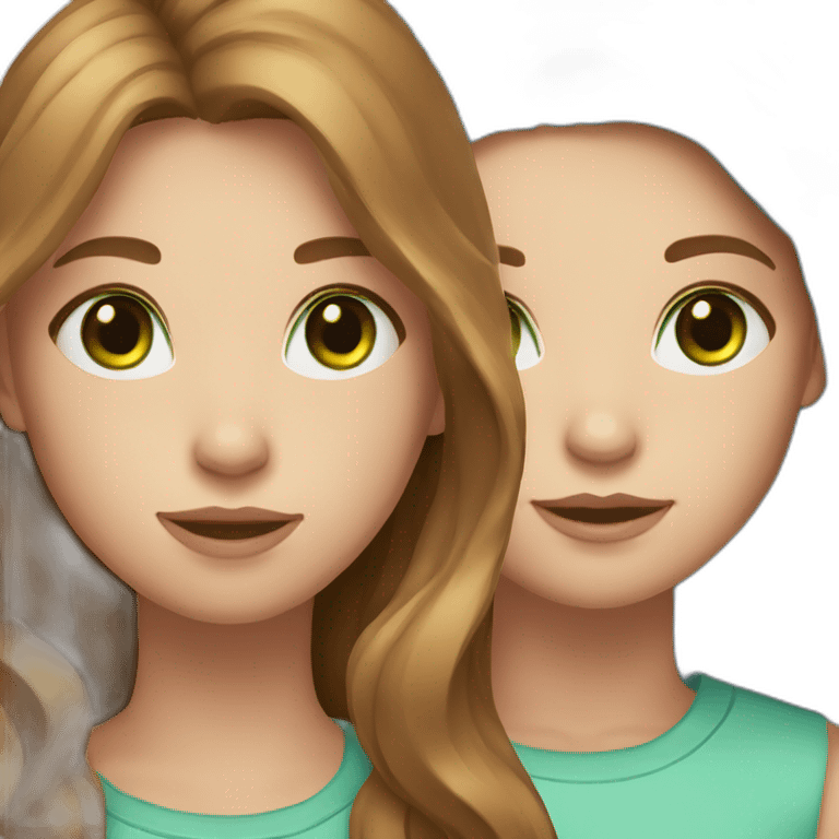 1 girl with wavy light brown long hair, blue eyes and freckles and 1 girl with long straight brown hair, green eyes emoji