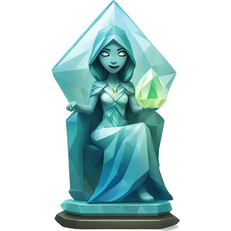 crystal sculpture oracle priestess with a geometric faceted design with disney features. Oracle of delphi is sparkling and standing upright on a base with angular and flower features. The blues neutrals and greens highlights the sharp edges and planes.  emoji