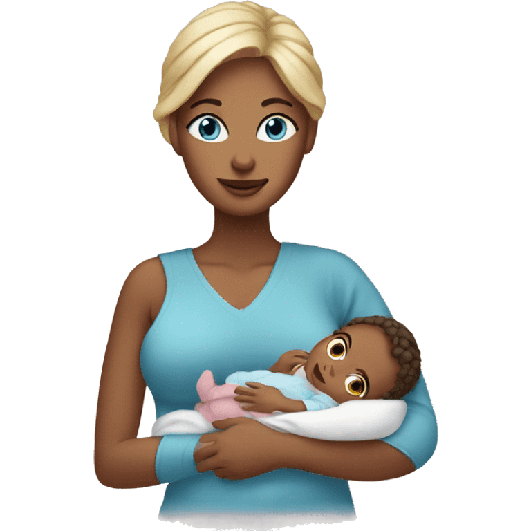 mom holding newborn baby girl with blue eyes emoji