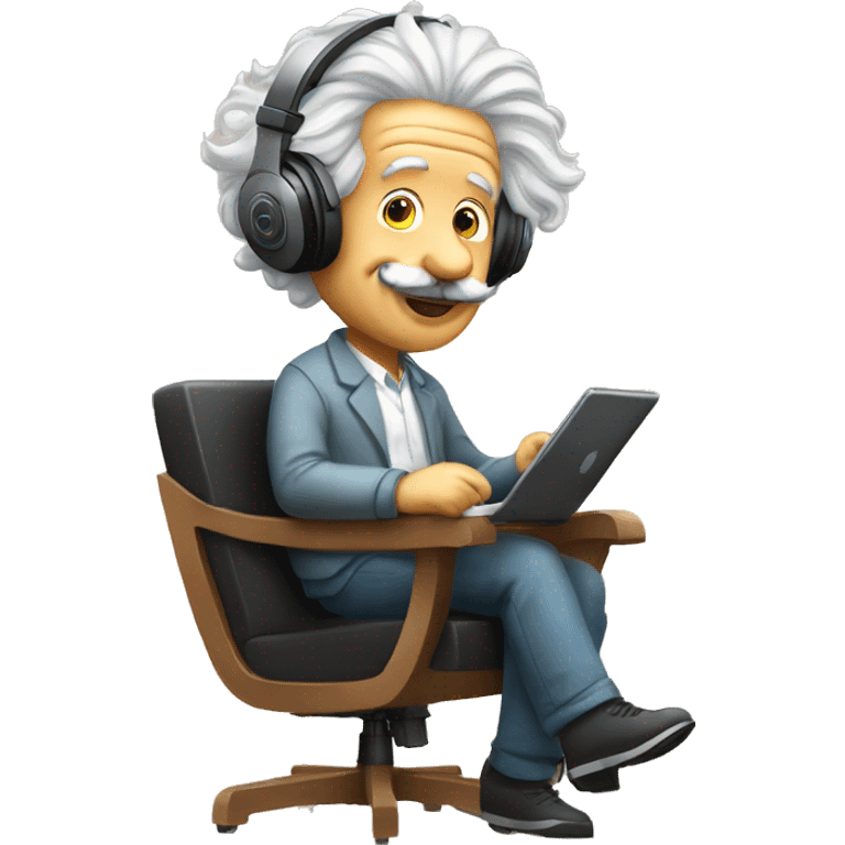 albert einstein happy listening music with wireless headphones while sitting on the chair emoji