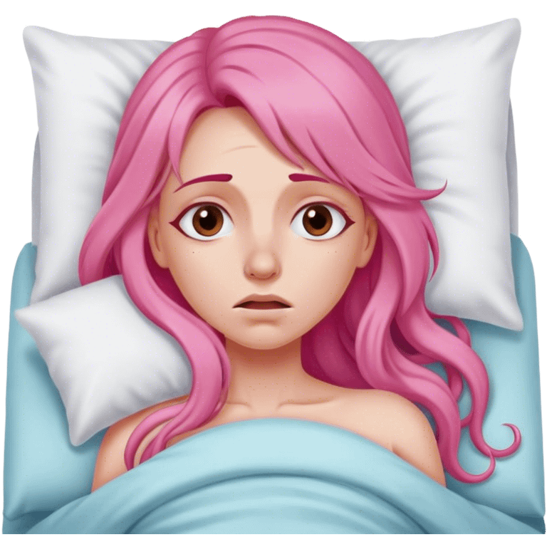 Woman with long pink hair In bed with sinus pain  emoji