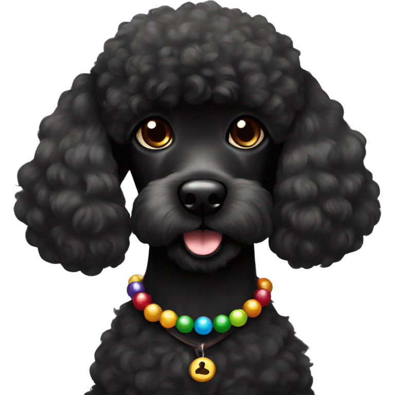 One Small furry Black Poodle with one  colorful bead necklaces with brown harness emoji