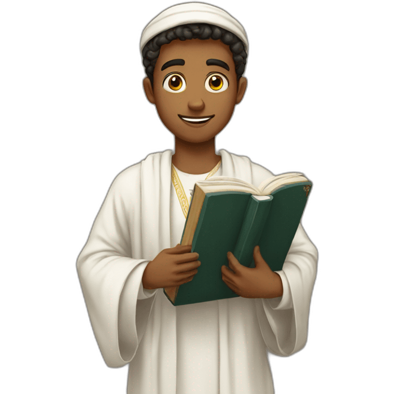 A young man wearing an Arabic robe and holding a Holy Quran emoji