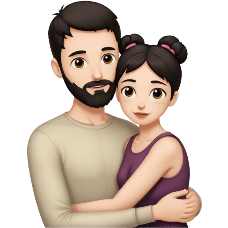 Tall pale guy with dark hair beard no glasses, and short woman with dark hair bun hugging emoji