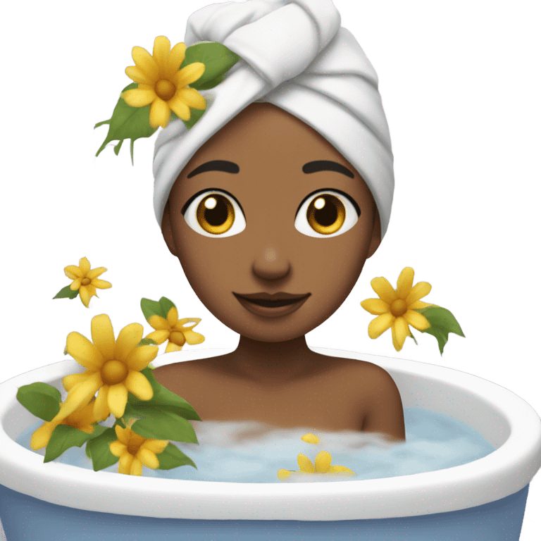 girl with towel on head takes bath with flowers emoji