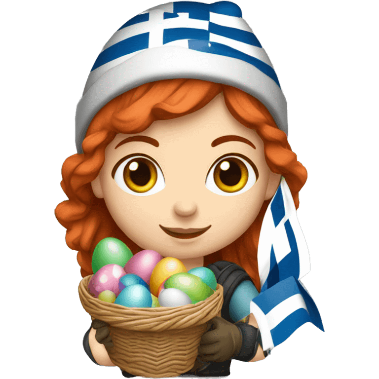 Greek Female winter mountaineer red hair white skin climbing with Greek Flag and Easter eggs basket emoji