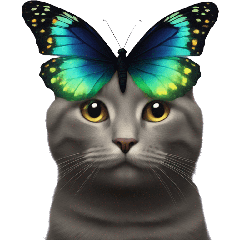 Dark iridescent butterfly glowing on top of cats head  emoji