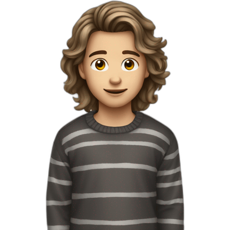 teenager boy brown long wavy hair and dark gray striped sweater emoji