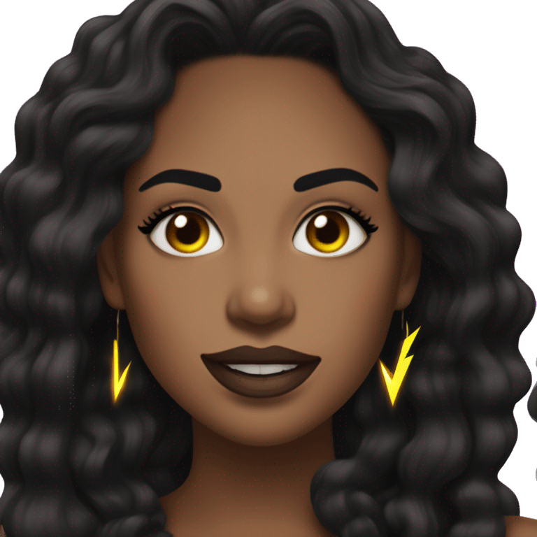 woman with medium, wavy black hair, dark brown eyes and long eyelashes, wearing neon lightning bolt earrings with a tongue piercing and a black top emoji