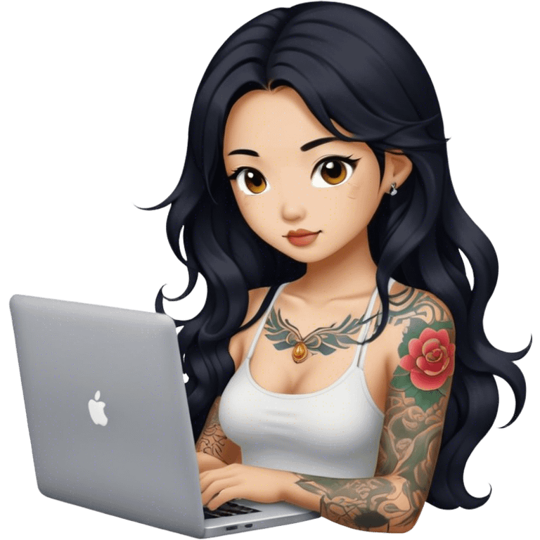 beautiful girl, with tattoos, with long black hair, wavy hair, chinese, with laptop emoji