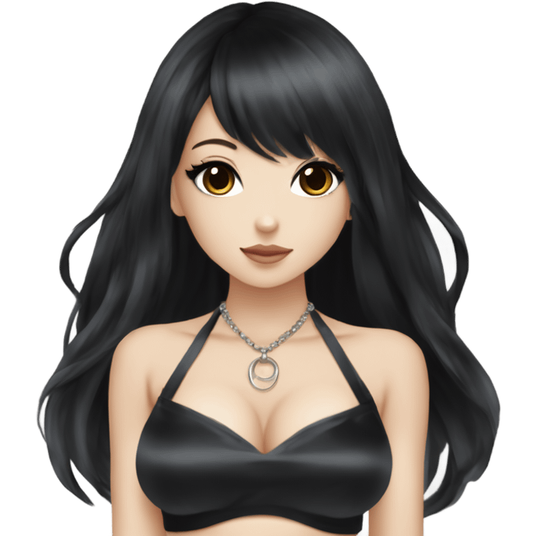 hime gyaru girl with LONG SILKY BLACK HAIR, with black satin halter top with chest, very pale skin and pretty brown monolid eyes emoji