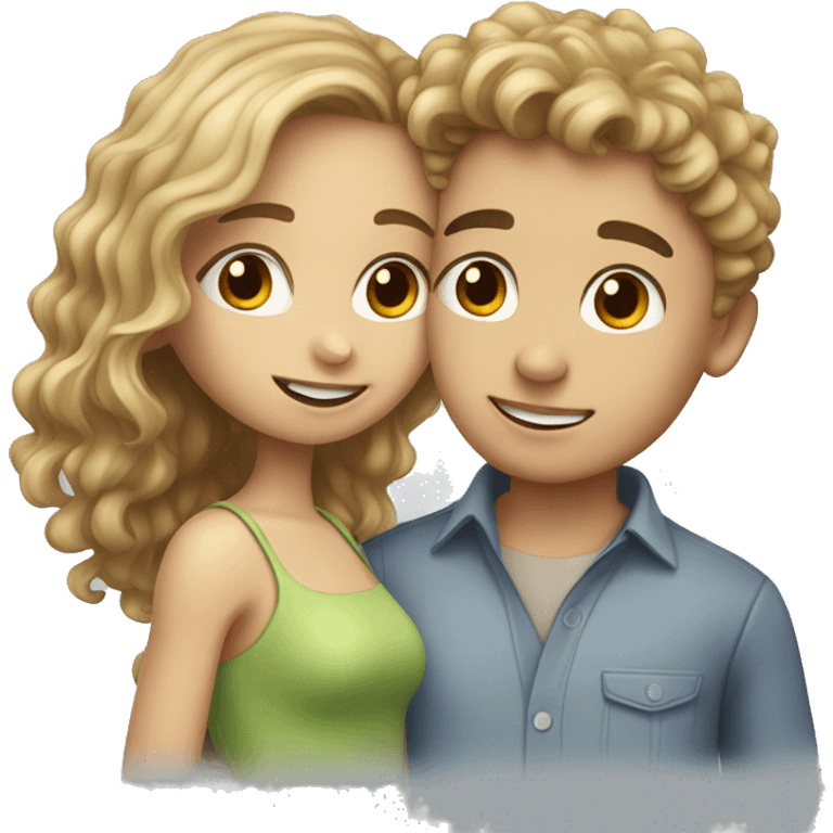 A Girl with brown straight hair and a boy with blonde curly hair kissing  emoji